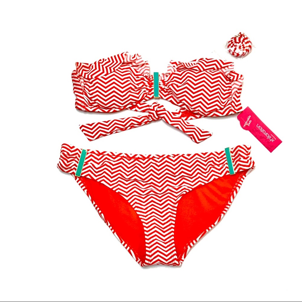 NWT - TARGET - XHILARATION Red & White Striped Strapless Two-Piece Bikini SIZE S